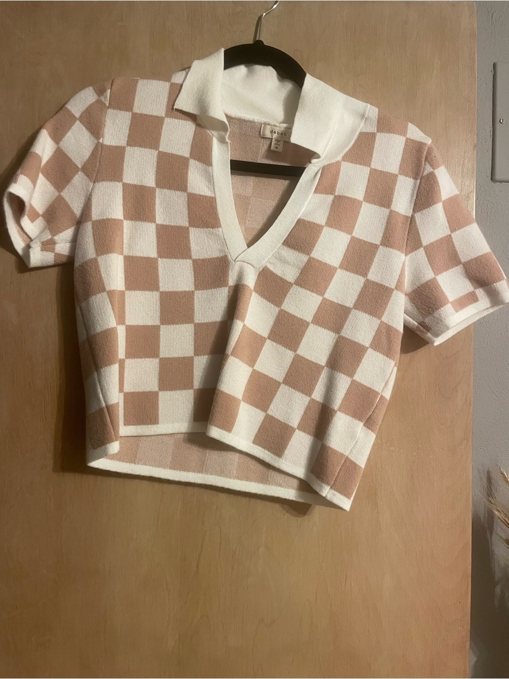 Short Knit Polo Top with Beige & White Checkerboard